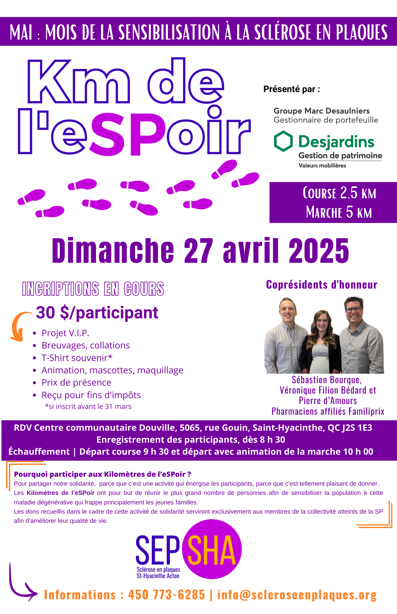 Affiche des Km de l'espoir du 27 avril 2025<br />
Plus d'information 450 773-6285